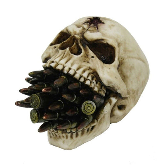 Human Skull with Bullets in the Mouth Skeleton Figurine 6 inch
