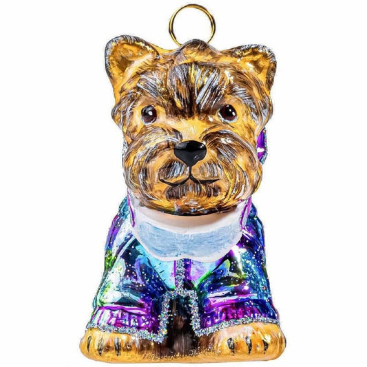 Joy to the World Yorkshire Terrier in Ski Jacket and Goggles Polish Glass Christmas Ornament