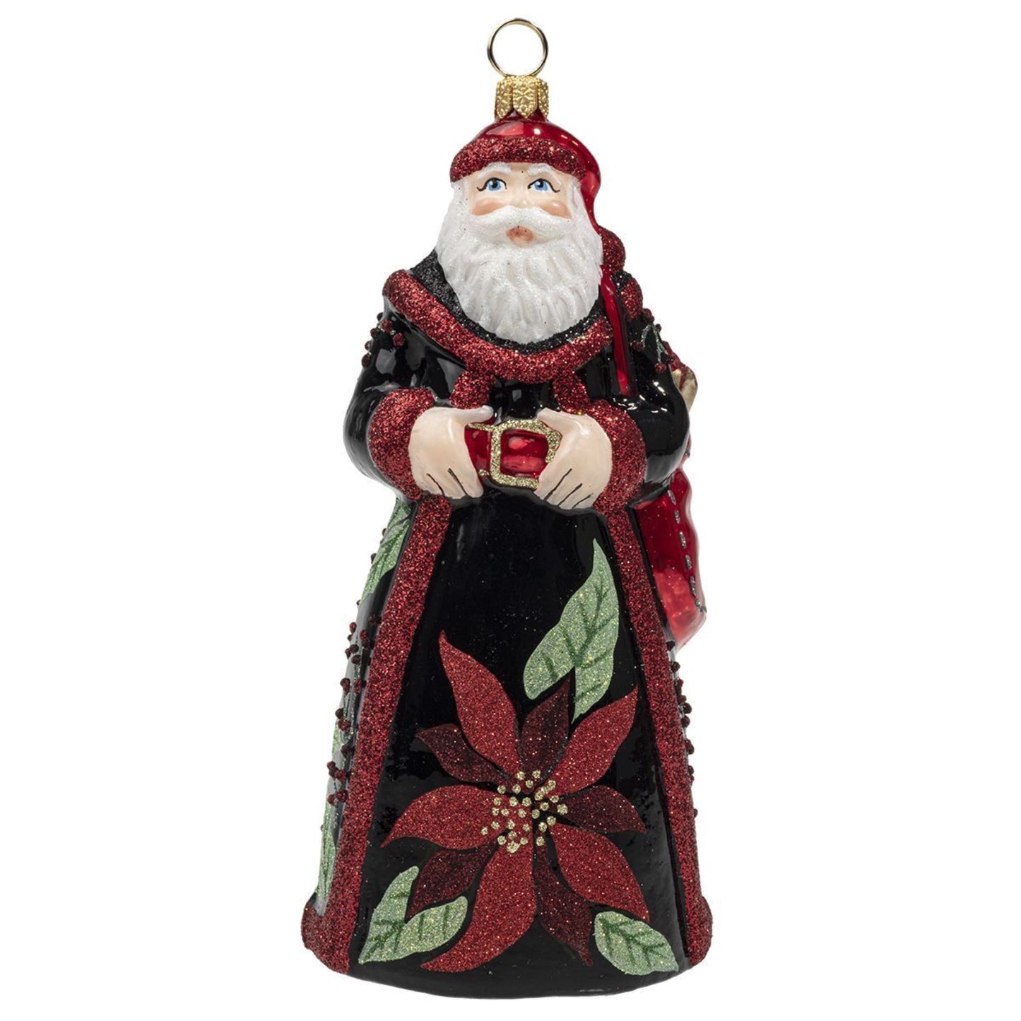 Joy to the World Glitterazzi Poinsettia Santa Polish Glass Christmas Ornament