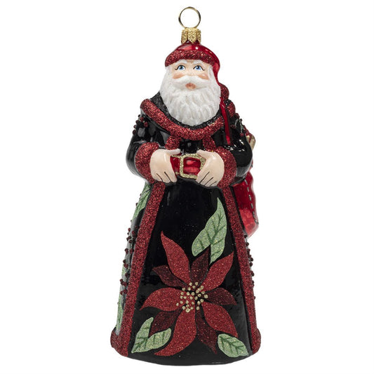 Joy to the World Glitterazzi Poinsettia Santa Polish Glass Christmas Ornament