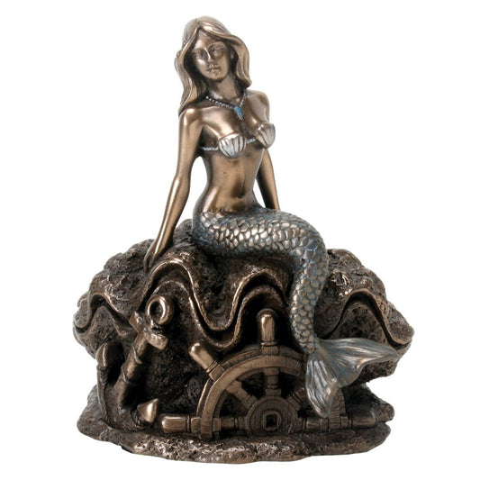 Art Nouveau Mermaid Sitting on Seashell Bronze Colored Statue Figurine 5.25 inch
