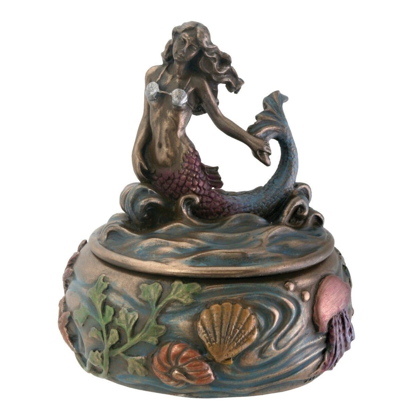 Bronze Mermaid Sitting Above Ocean Waves Small Round Jewelry Trinket Keepsake Box Resin 3.25 inch