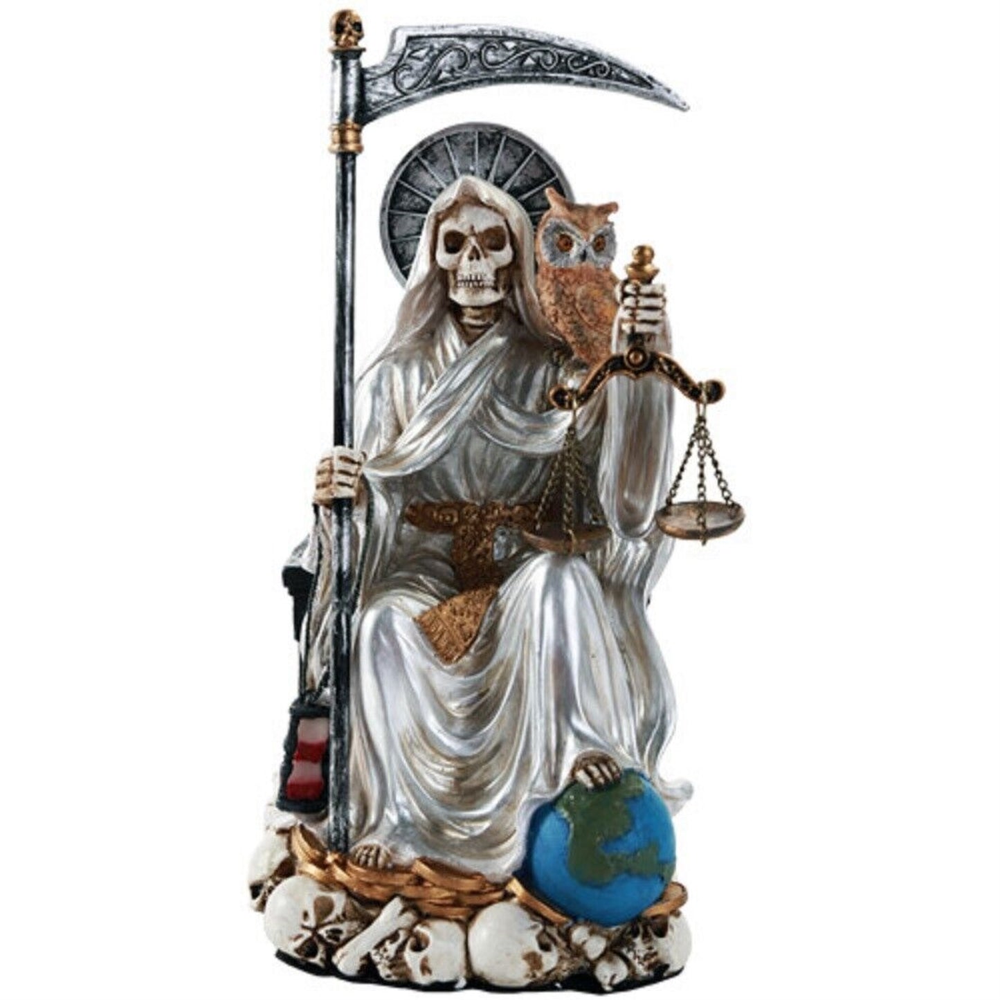 White Santa Muerte Saint of Holy Death Seated Religious Statue 9 Inch