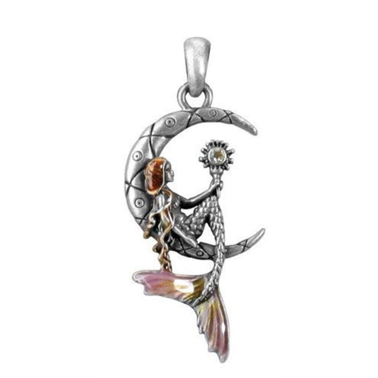 Mermaid Luna on Crescent Moon Pewter Pendant Fantasy Jewelry