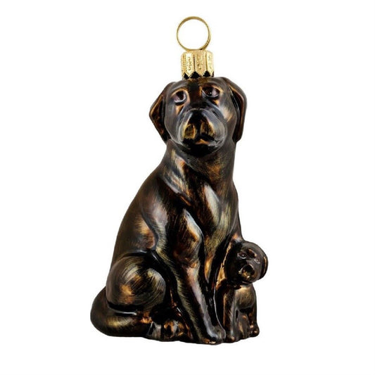 Joy to the World Chocolate Labrador Retriever Mother and Puppy Polish Glass Christmas Ornament