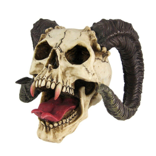 Evil Ram Horned Skull with Tongue Out Figurine Statue 10.5 inch