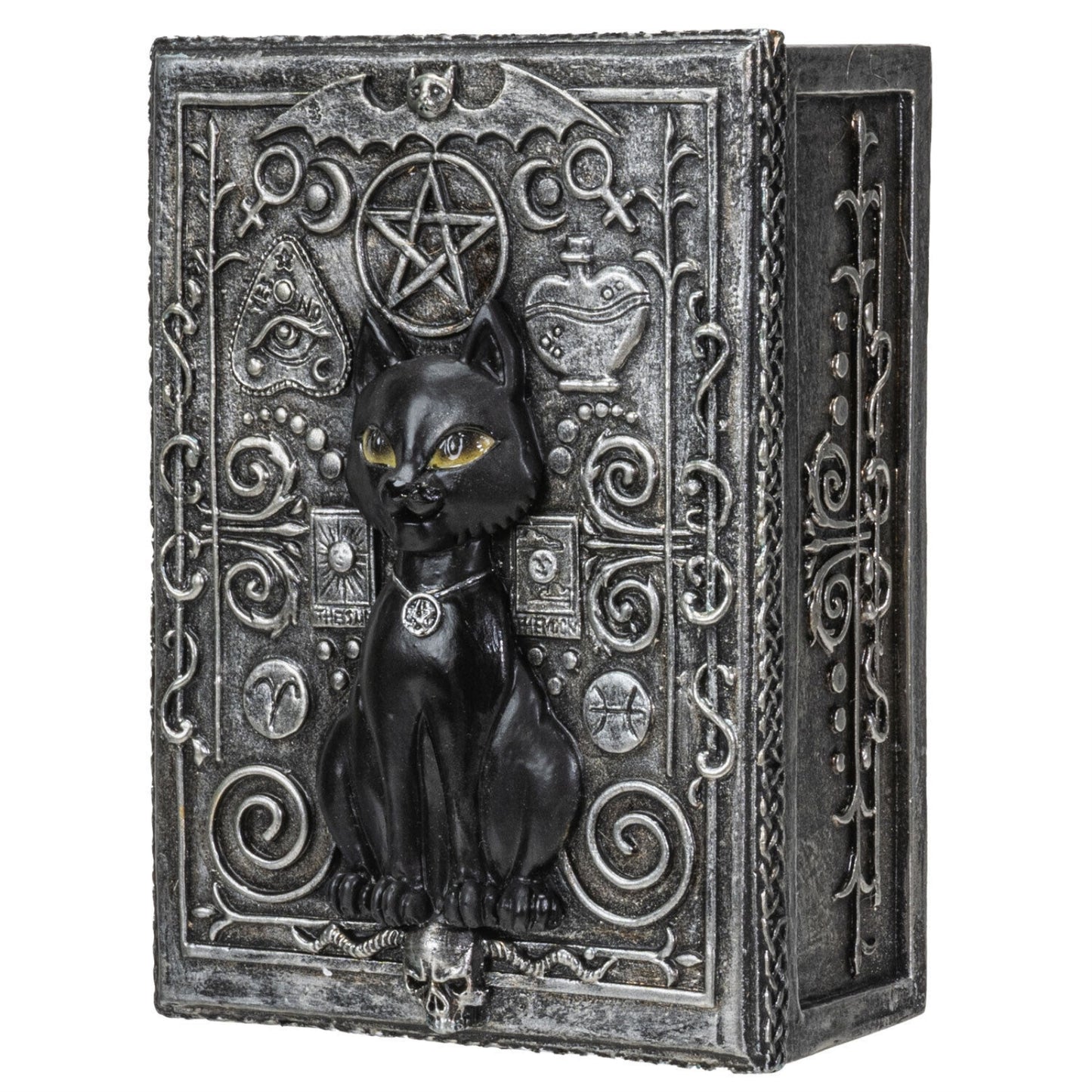 Fortune Telling Black Cat Reader Design Sculptural Tarot Box Jewelry Trinket Keepsake Home Decor 5.25 inch L