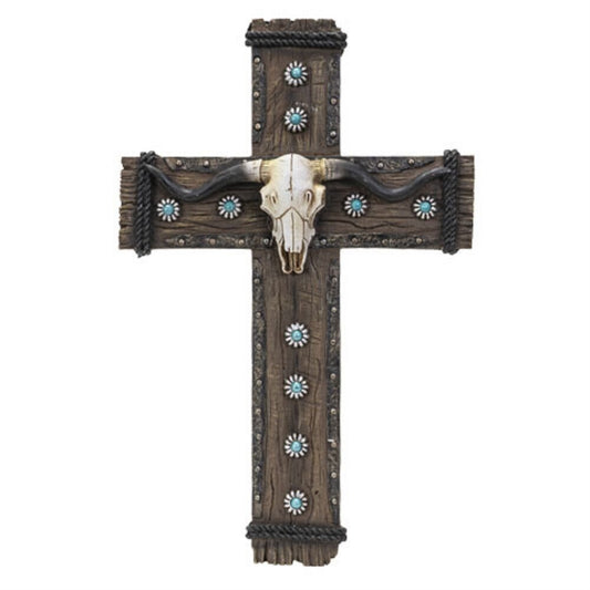 Western Crucifix with Cow Skull Wall Plaque Home Religious Decoration 12 Inch