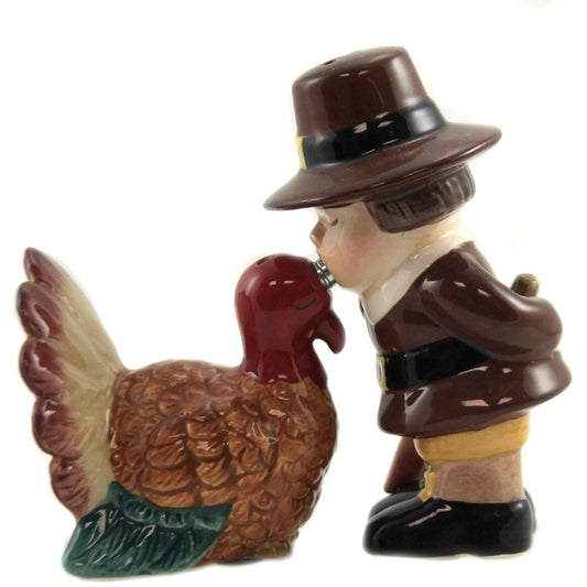 Turkey and Pilgrim Magnetic Ceramic Thanksgiving Salt and Pepper Shakers