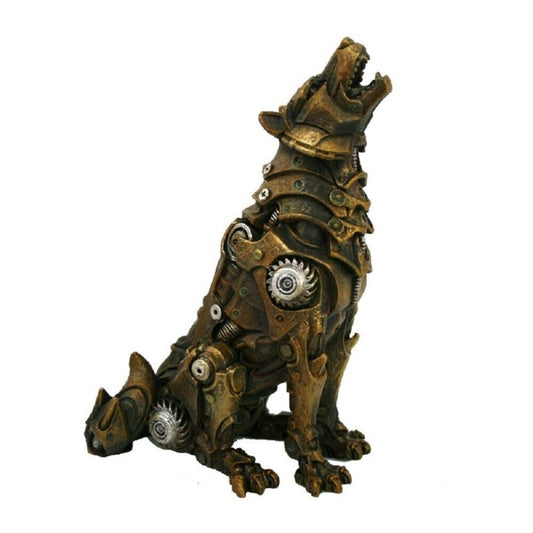 Steampunk Howling Alpha Wolf in Rustic Steel and Gears Collectible Fantasy Figurine 5.9 inch