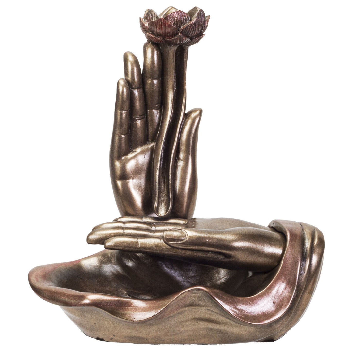 Eastern Prayer Hands with Flower Bronze Color Backflow Incense Burner 4.25 inch