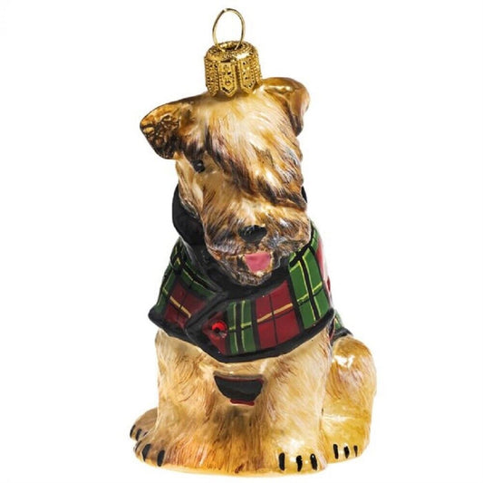 Joy to the World Soft Coated Wheaten Terrier with Tartan Plaid Coat Polish Glass Dog Ornament