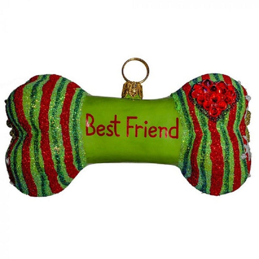 Joy to the World Best Friends Furever Dog Bone Polish Glass Christmas Ornament