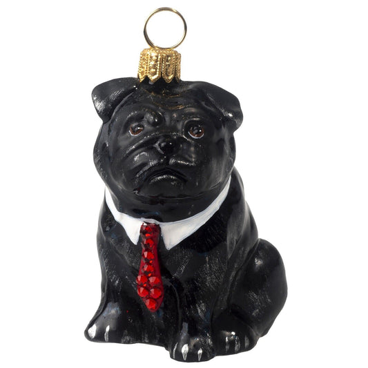 Joy to the World Pug Black with Red Crystal Tie Polish Glass Christmas Ornament