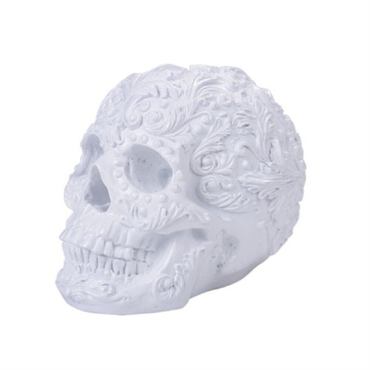 Rococo White Human Skull Resin Figurine Tabletop Statue 8.6 x 6.75 inch