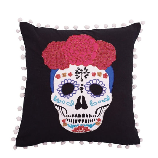 Day of the Dead Sugar Skull Calavera Cotton Beaded Throw Pillow 16 Inches