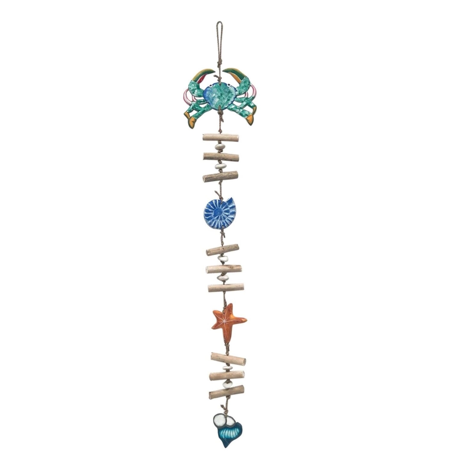Beachcombers Crab with Seashell Coastal Beach Strand With Driftwood and Stone Mobile 41 Inches Long