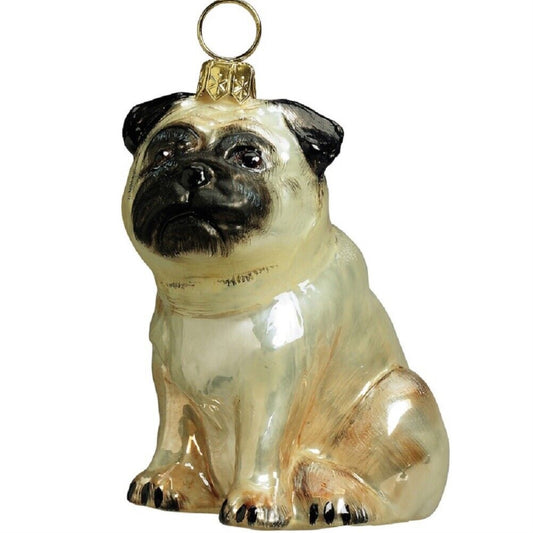 Joy to the World Fawn Pug Dog Polish Blown Glass Christmas Ornament Holiday Decoration Poland