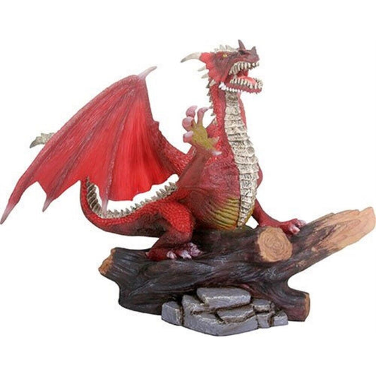 Red Dragon Standing on Log Fantasy Statue Figurine Mythical Decoration 7 inch