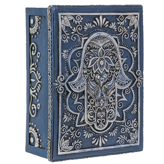 Hamsa Symbol Sculptural Tarot Box Jewelry Trinket Keepsake Container Home Accent Decor 5.25 inch L