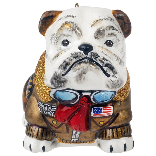 Joy to the World Bulldog in Vintage Bomber Jacket Polish Glass Christmas Ornament