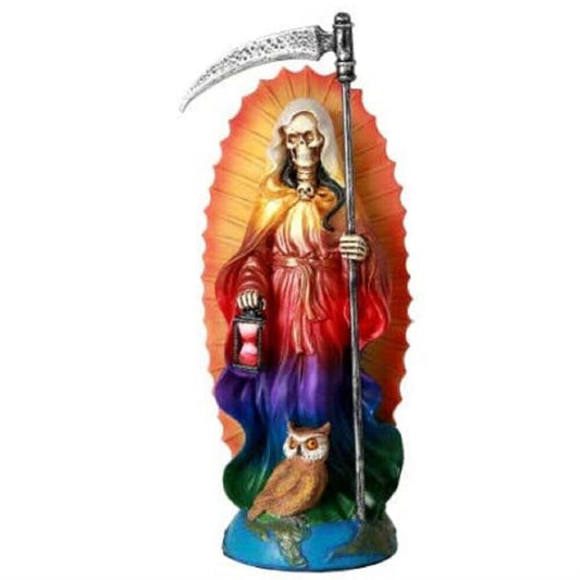 Rainbow Tunic Holy Death Santa Muerte Holding Scythe Figurine 7.25 Inch