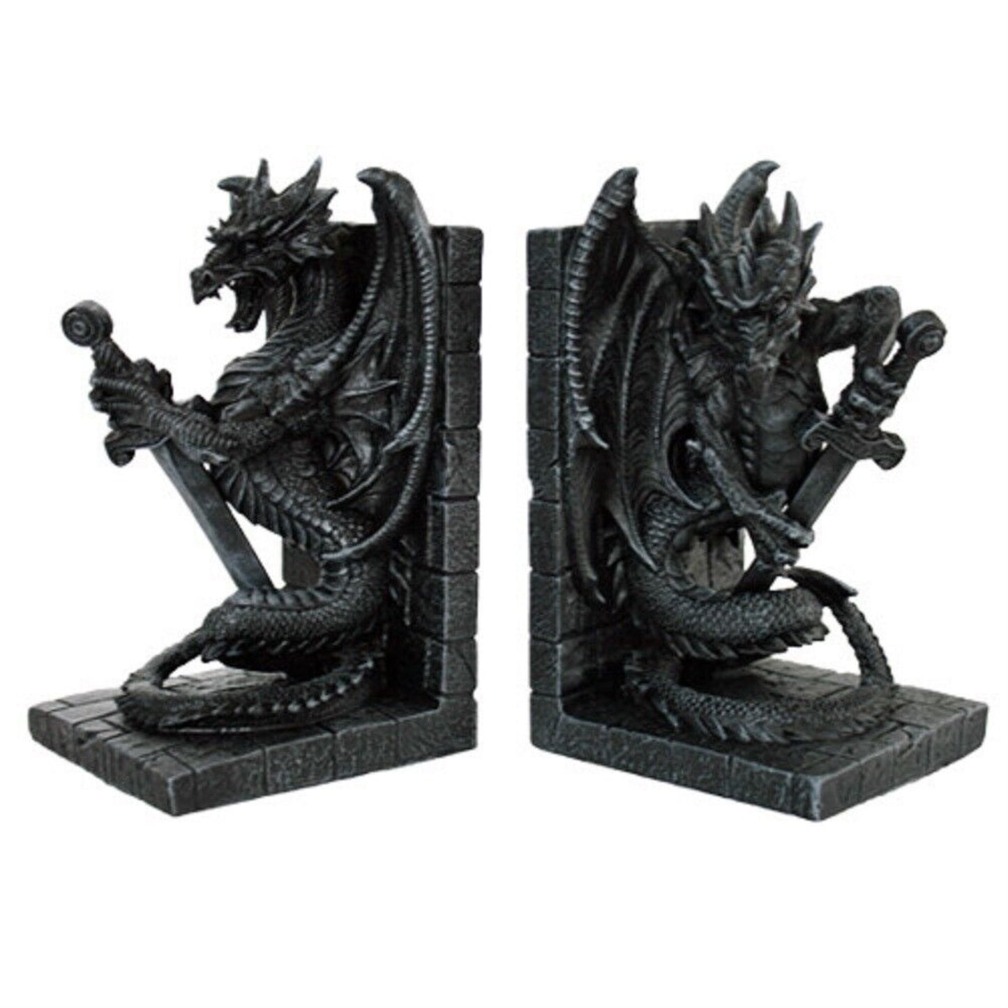 Dragon With Sword Fantasy Resin Bookends 2 Piece Set 8.9 x 7.5 inch