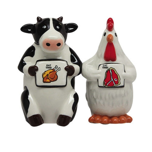 Eat Chicken Eat Beef Cow and Chicken Ceramic Magnetic Salt and Pepper Shaker Set