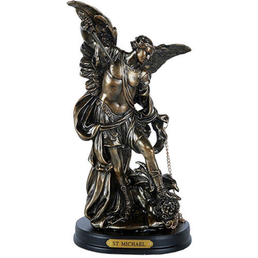 St. Michael San Miguel The Great Protector Archangel Defeating Satan Figurine 8 Inch Tall Wooden Base with Brass Name Plate