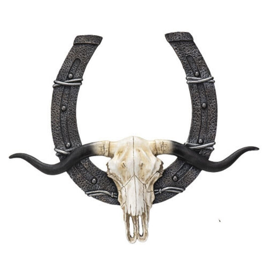 Western Horseshoe with Cow Skull Wall Plaque 21.75 x 18.5 Inch