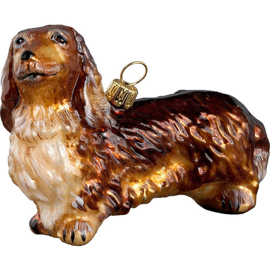 Joy to the World Dachshund Long Haired Red Polish Glass Christmas Ornament Dog Decoration