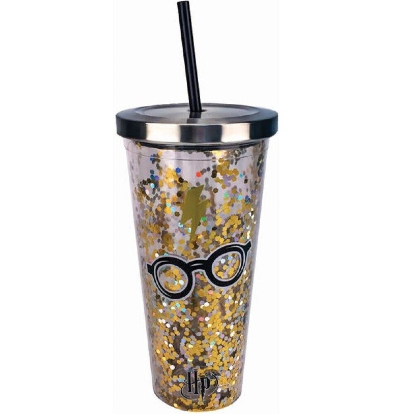 Spoontiques Harry Potter Glasses Double Walled Insulated Acrylic Tumbler Glitter Cup with Straw 20 ounce