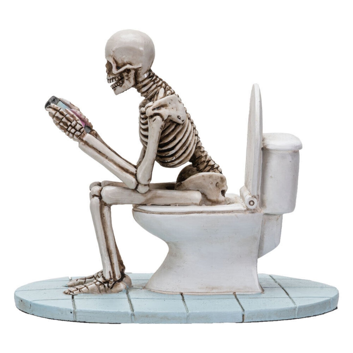 Skeleton Sitting on Toilet Looking At Phone Figurine 4.25 inch