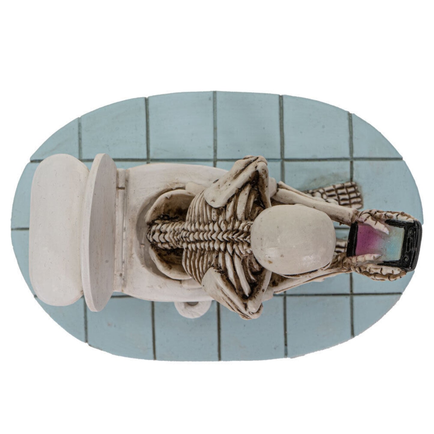 Skeleton Sitting on Toilet Looking At Phone Figurine 4.25 inch