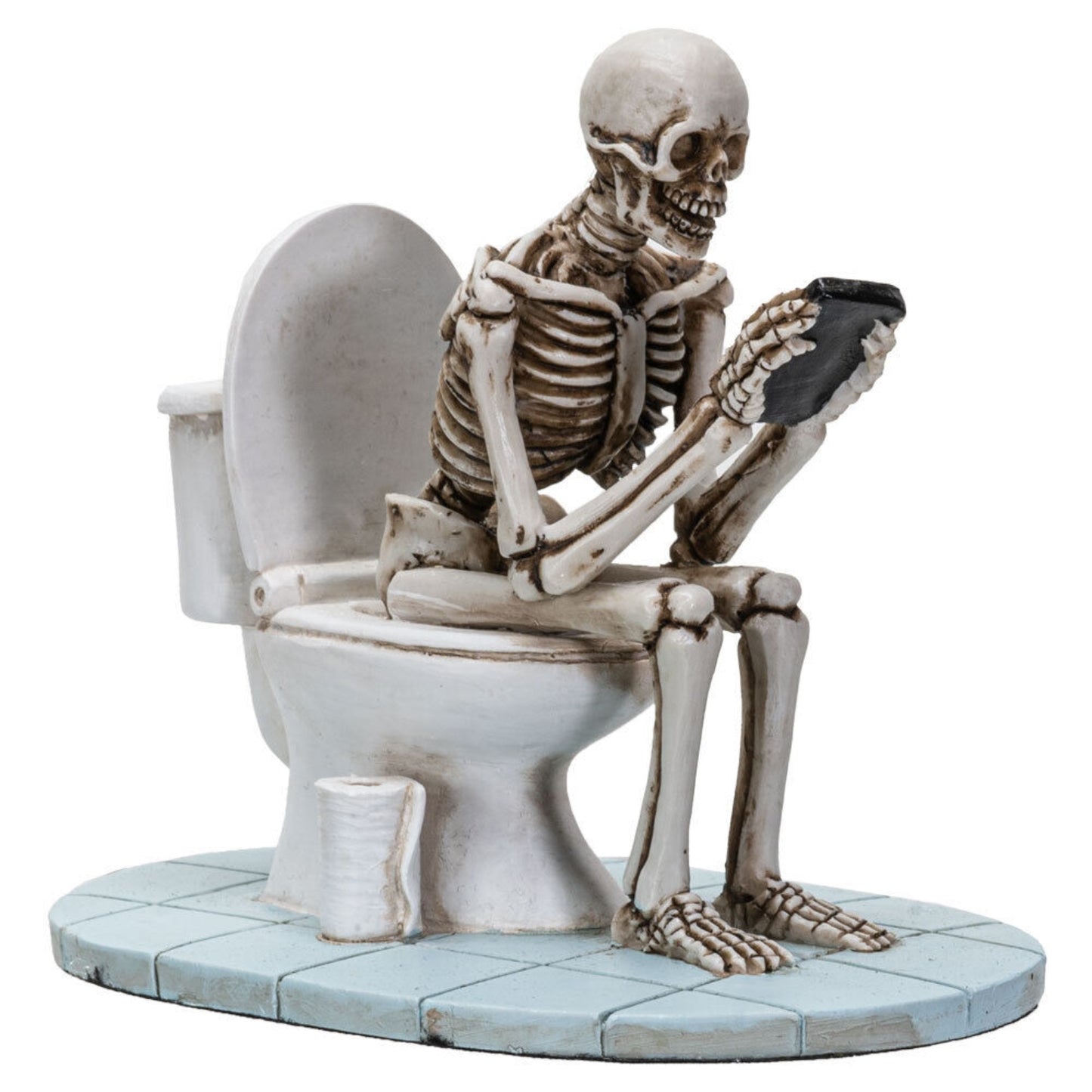 Skeleton Sitting on Toilet Looking At Phone Figurine 4.25 inch