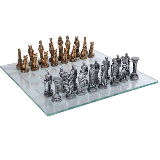 Romans Vs Egyptians Chess Set With Glass Board Set 17 x 17 inch