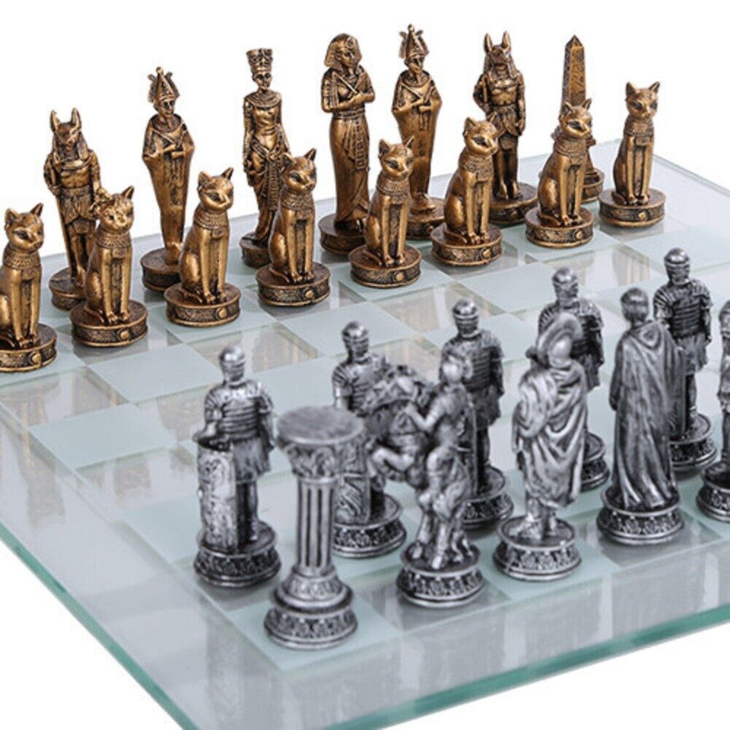 Romans Vs Egyptians Chess Set With Glass Board Set 17 x 17 inch