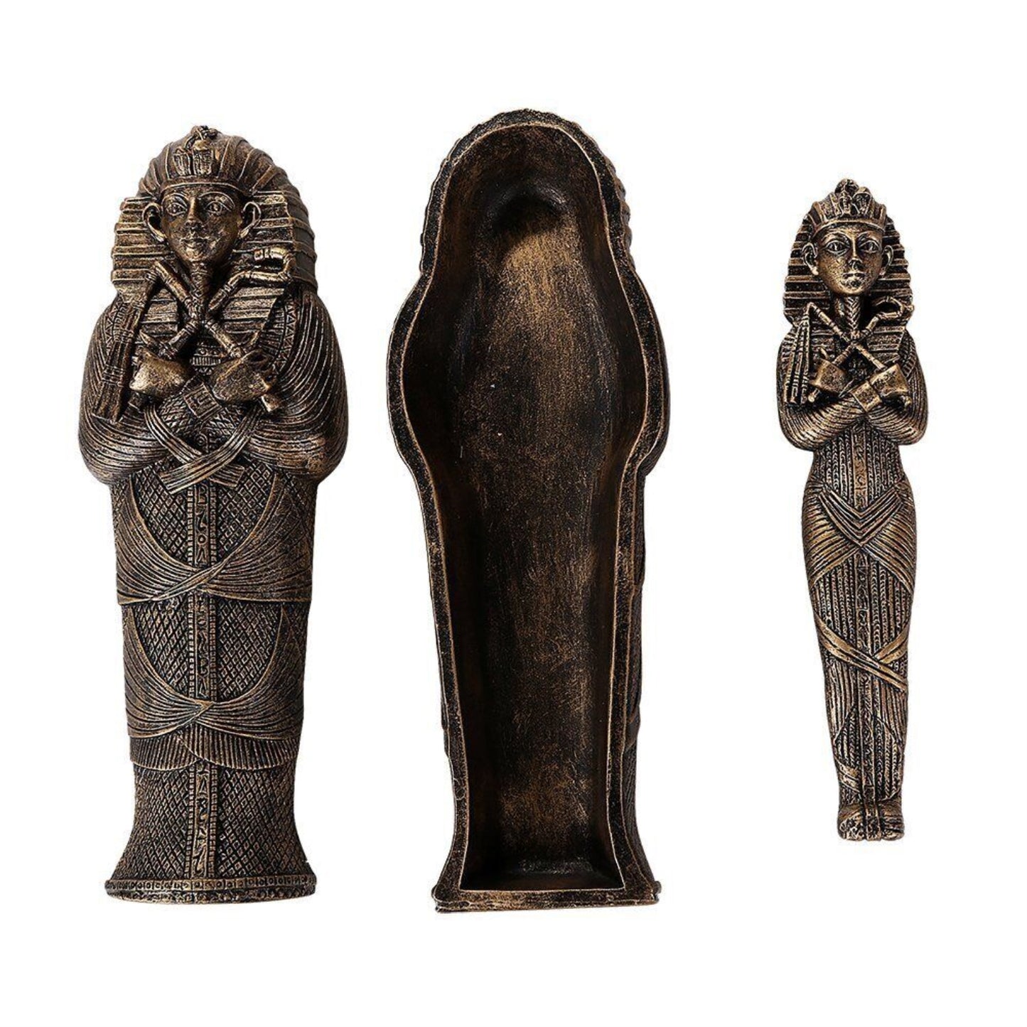 Bronzed Small Ancient Egyptian Pharaoh King Tut Sarcophagus With Mummy Statue 5.5 inch