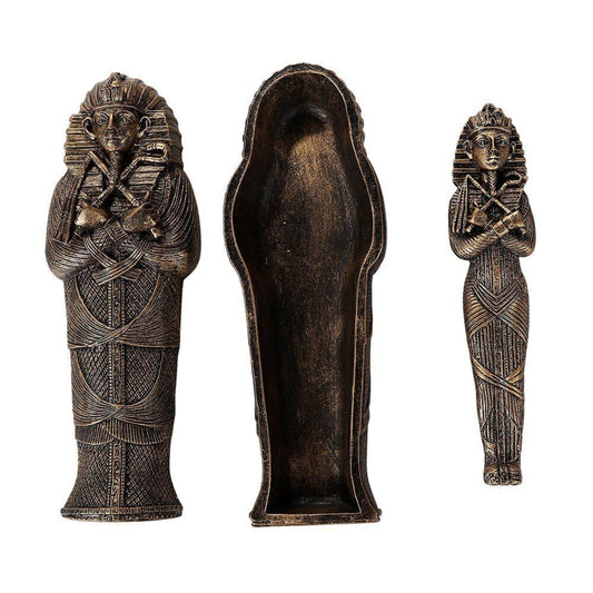 Bronzed Small Ancient Egyptian Pharaoh King Tut Sarcophagus With Mummy Statue 5.5 inch