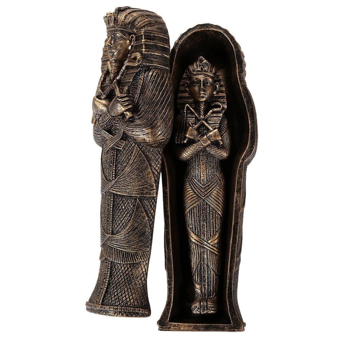 Bronzed Small Ancient Egyptian Pharaoh King Tut Sarcophagus With Mummy Statue 5.5 inch