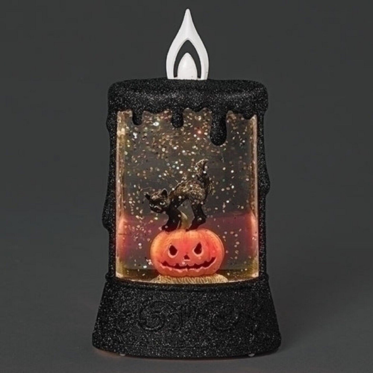 Roman Lighted Mini Candle with Halloween Black Cat and Pumpkin Snowdome 5.7 Inch