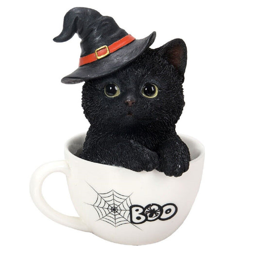 Black Kitten in a Boo Spiderweb Tea Cup Halloween Figurine 6 Inch Multicolor