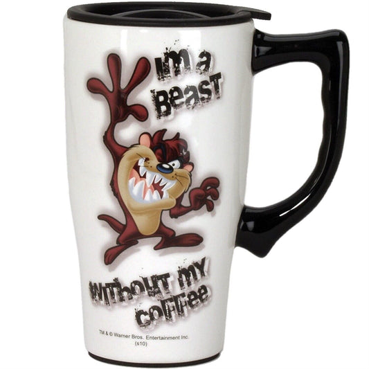 Looney Tunes Taz I'm a Beast Without My Coffee Ceramic Insulated Travel Mug Coffee Cup 18 ounce