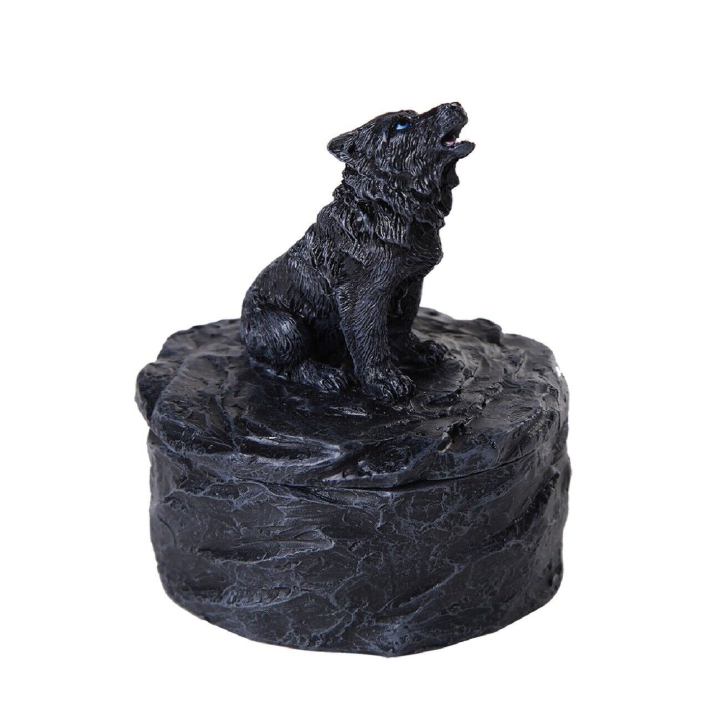 Lone Majestic Black Wolf Mini Resin Trinket Jewelry Keepsake Box 3.15 inches tall