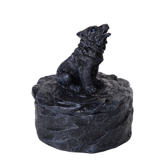 Lone Majestic Black Wolf Mini Resin Trinket Jewelry Keepsake Box 3.15 inches tall
