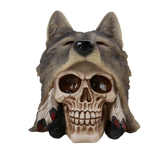 Indian Skull with Wolf Head Dress Bust Decorative Figurine 6.2 inch