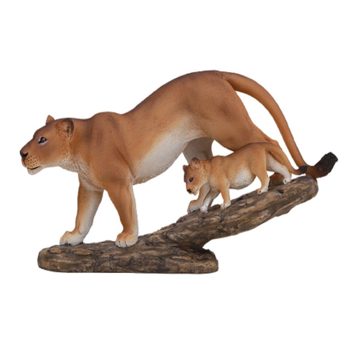 Realistic Lioness with Little Cub Perching on Tree Branch Wildlife Resin Lion Figurine 11.75 x 6.5 inch