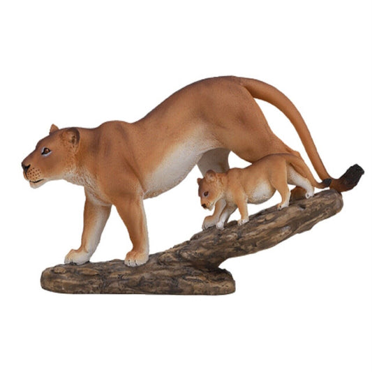Realistic Lioness with Little Cub Perching on Tree Branch Wildlife Resin Lion Figurine 11.75 x 6.5 inch