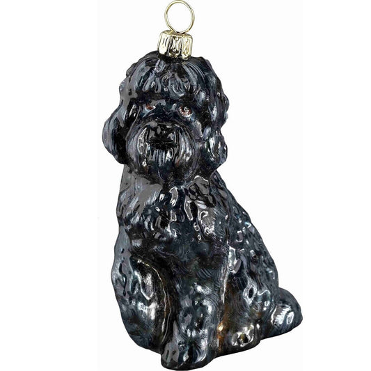 Joy to the World Sitting Black Labradoodle Dog Polish Glass Christmas Ornament Decoration