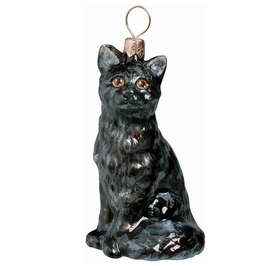 Joy to the World Sitting Black American Shorthair Cat Polish Glass Christmas Ornament Decoration